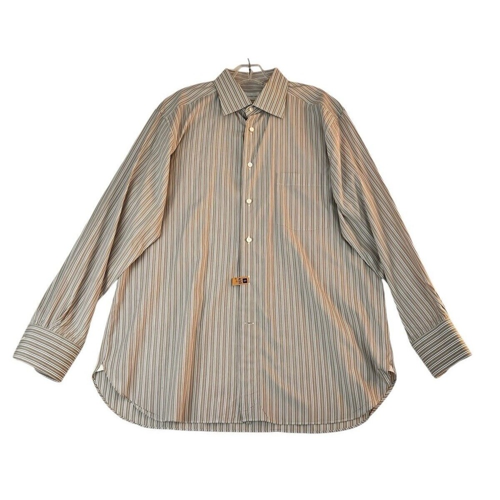 Ermenegildo Zegna Dress Shirt Mens 43/17 Tan Blue White Striped Long‎ Sleeve